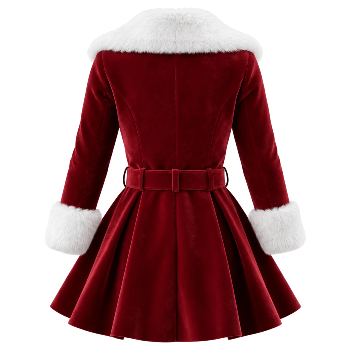 Women's Deep Red Velvet Christmas Peplum Coat with White Faux Fur Trim