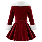 Women's Deep Red Velvet Christmas Peplum Coat with White Faux Fur Trim