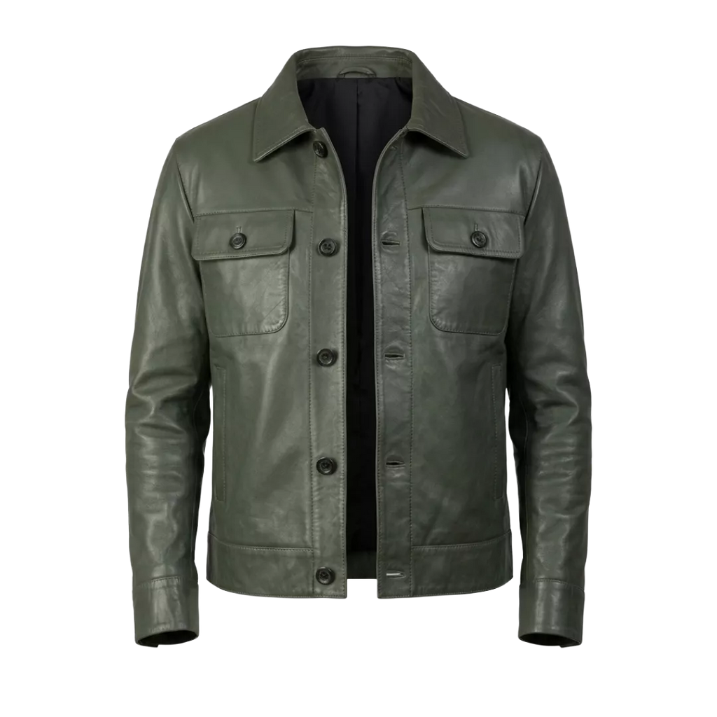 Men’s Olive Green Leather Trucker Jacket – Classic Button Front Leather Shirt Jacket