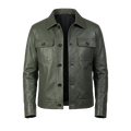Men’s Olive Green Leather Trucker Jacket – Classic Button Front Leather Shirt Jacket