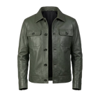 Men’s Olive Green Leather Trucker Jacket – Classic Button Front Leather Shirt Jacket