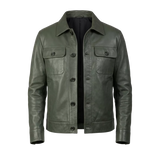 Men’s Olive Green Leather Trucker Jacket – Classic Button Front Leather Shirt Jacket