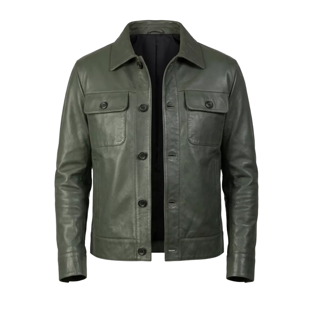 Men’s Olive Green Leather Trucker Jacket – Classic Button Front Leather Shirt Jacket