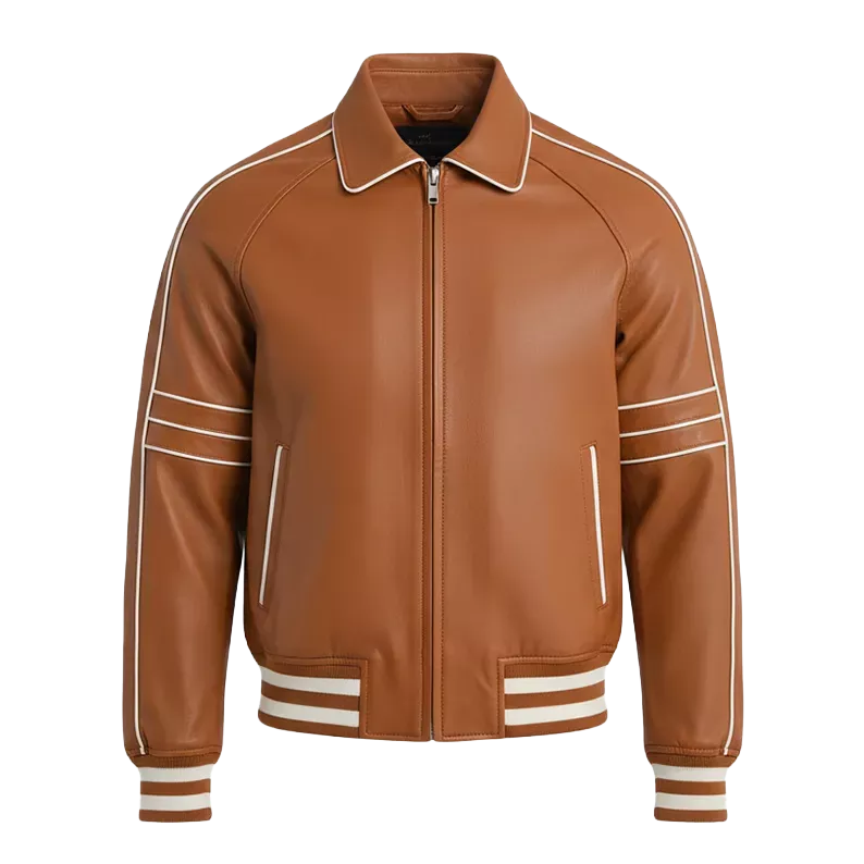Blouson aviateur en cuir tanné pour homme – Blouson en cuir véritable style rétro universitaire
