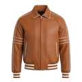 Men's Tan Leather Bomber Jacket – Retro Varsity Style Genuine Leather Jacket