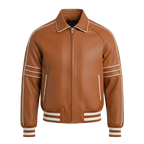 Men's Tan Leather Bomber Jacket – Retro Varsity Style Genuine Leather Jacket