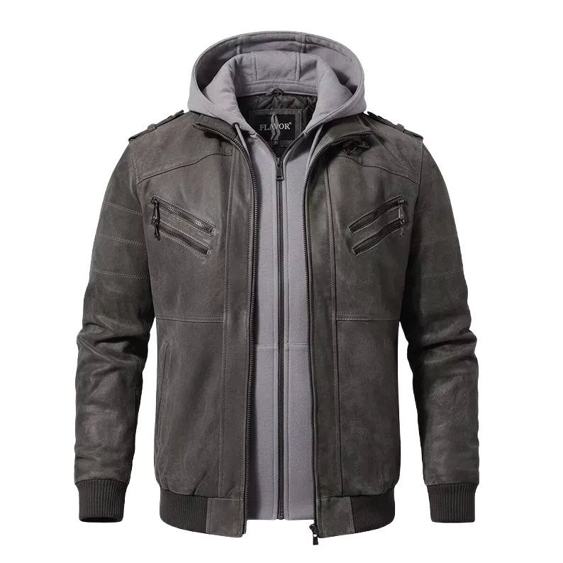 FLAVOR Brown Leather Motorcycle Jacket with Removable Hoodie