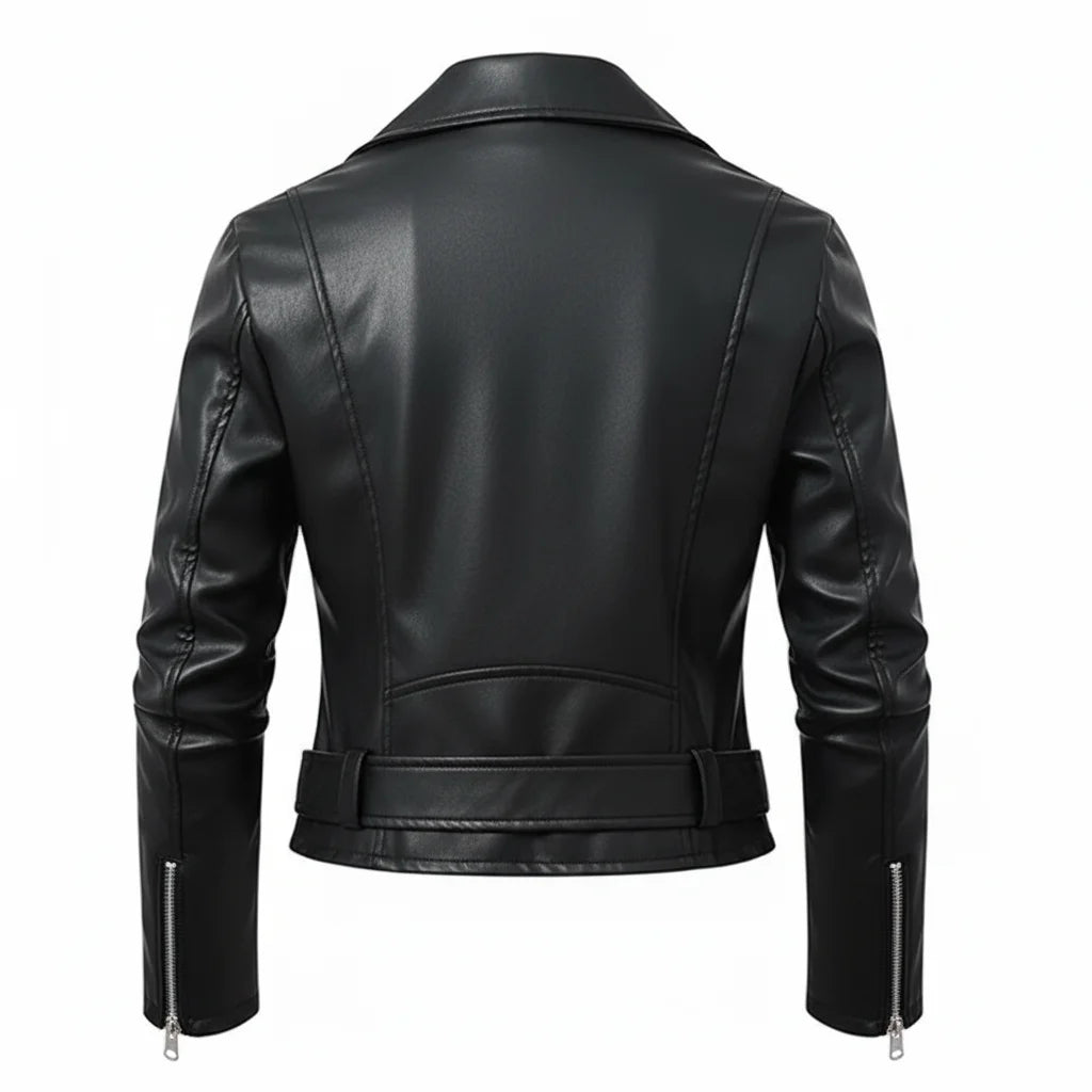 Damen Slim Fit Kunstleder Moto Bikerjacke mit Verstellbarem Gürtel und Reißverschluss-Detail