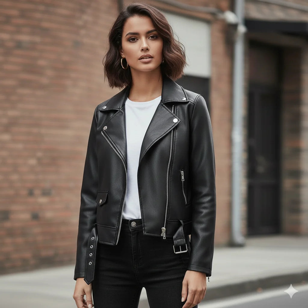 Damen Slim Fit Kunstleder Moto Bikerjacke mit Verstellbarem Gürtel und Reißverschluss-Detail