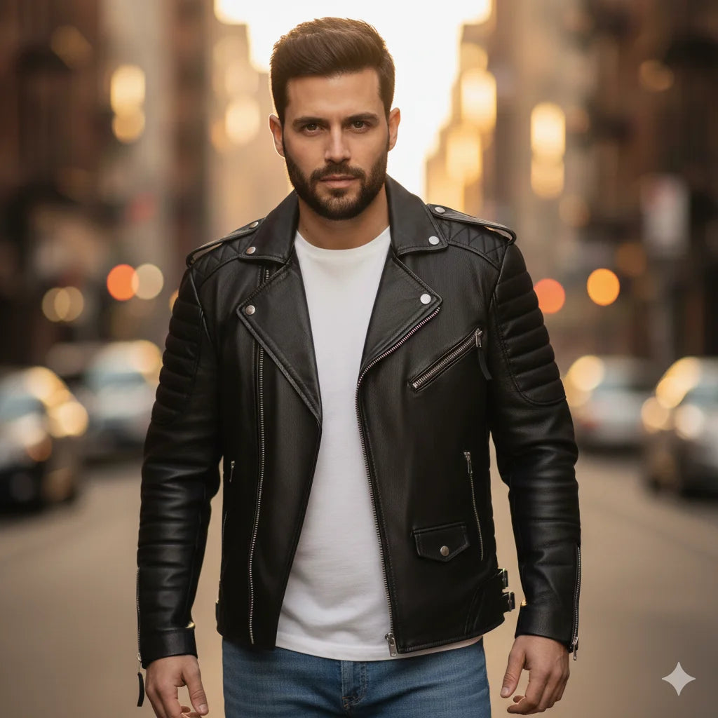 Herren Premium Bikerjacke aus Kunstleder mit gerippter Schulterpolsterung und asymmetrischem Reißverschluss