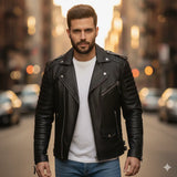 Blouson de motard homme en similicuir premium avec épaulettes côtelées et fermeture éclair asymétrique
