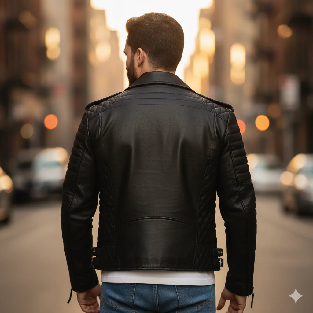 Herren Premium Bikerjacke aus Kunstleder mit gerippter Schulterpolsterung und asymmetrischem Reißverschluss