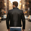 Men’s Premium Faux Leather Biker Jacket with Ribbed Shoulder Padding and Asymmetrical Zip