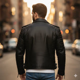 Blouson de motard homme en similicuir premium avec épaulettes côtelées et fermeture éclair asymétrique