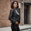 Women’s Slim Fit Faux Leather Moto Biker Jacket with Adjustable Belt and Zipper Detail