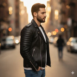 Blouson de motard homme en similicuir premium avec épaulettes côtelées et fermeture éclair asymétrique