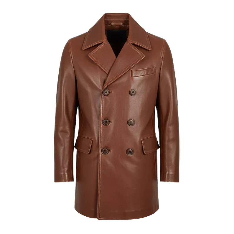 Manteau en cuir marron pour homme, pardessus en cuir à double boutonnage, trench-coat en cuir vintage, manteau d'hiver en cuir véritable, longue veste en cuir classique pour homme, cadeau pour lui