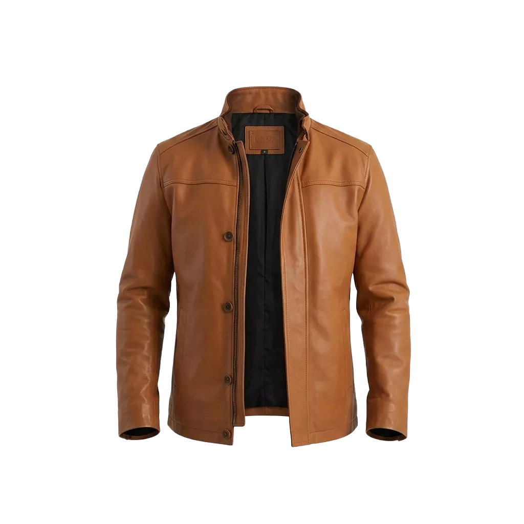 Blouson en cuir marron fauve pour homme – Manteau en cuir classique à col montant pour tenue décontractée et habillée