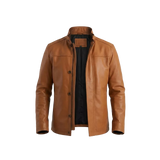 Blouson en cuir marron fauve pour homme – Manteau en cuir classique à col montant pour tenue décontractée et habillée