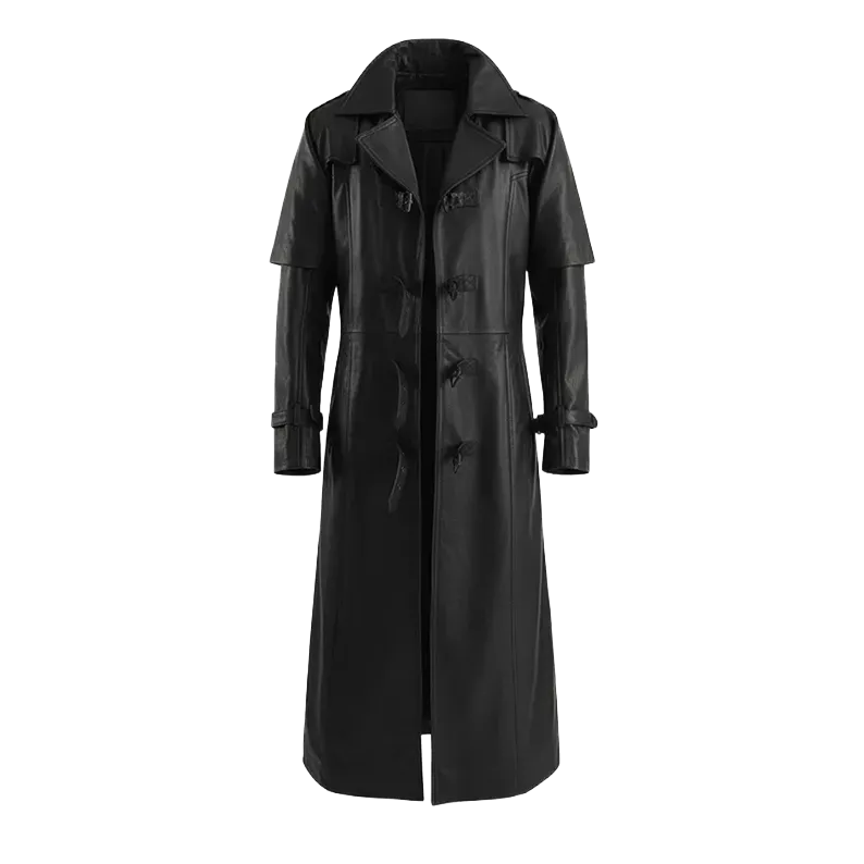 Herren Schwarzer Kapuzenleder Trenchcoat – Langer Gothic Style Ledermantel