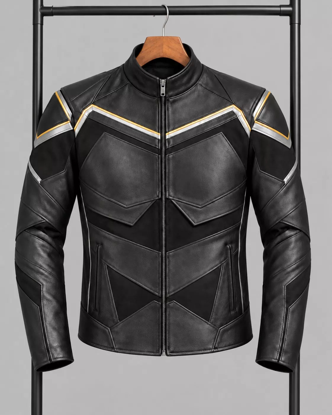 John Hancock Inspired Superhero Black Leather Jacket | Tactical Wing Design Motorcycle Jacket