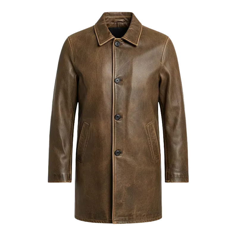 LP-FACON Trench-coat vintage mi-long en cuir véritable pour homme – Manteau de voiture classique 34"