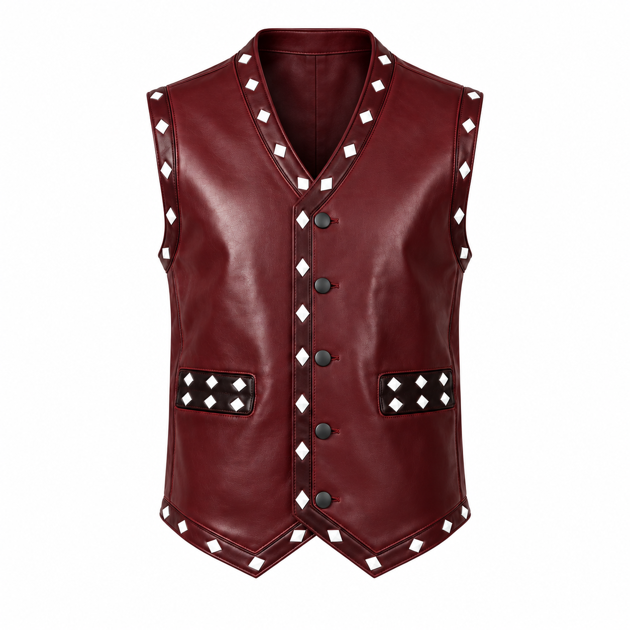 The Warriors 1979 Swan Vest – Men's Burgundy Faux Leather Biker Waistcoat with Winged Skull Back, Halloween Cosplay Costume