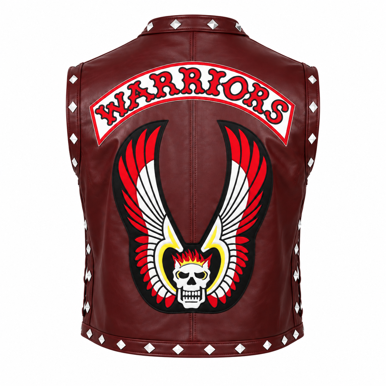 The Warriors 1979 Swan Vest – Men's Burgundy Faux Leather Biker Waistcoat with Winged Skull Back, Halloween Cosplay Costume