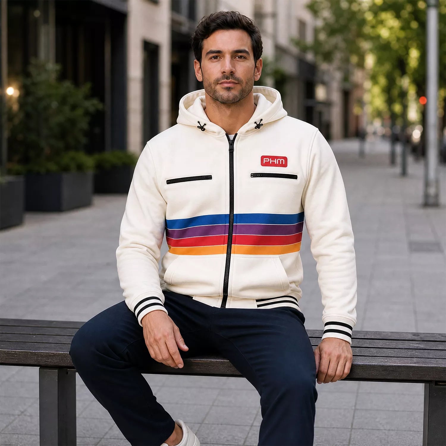 Men’s White Striped Zip Up Hoodie Jacket | Retro Color Block Casual Sweatshirt