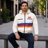 Men’s White Striped Zip Up Hoodie Jacket | Retro Color Block Casual Sweatshirt