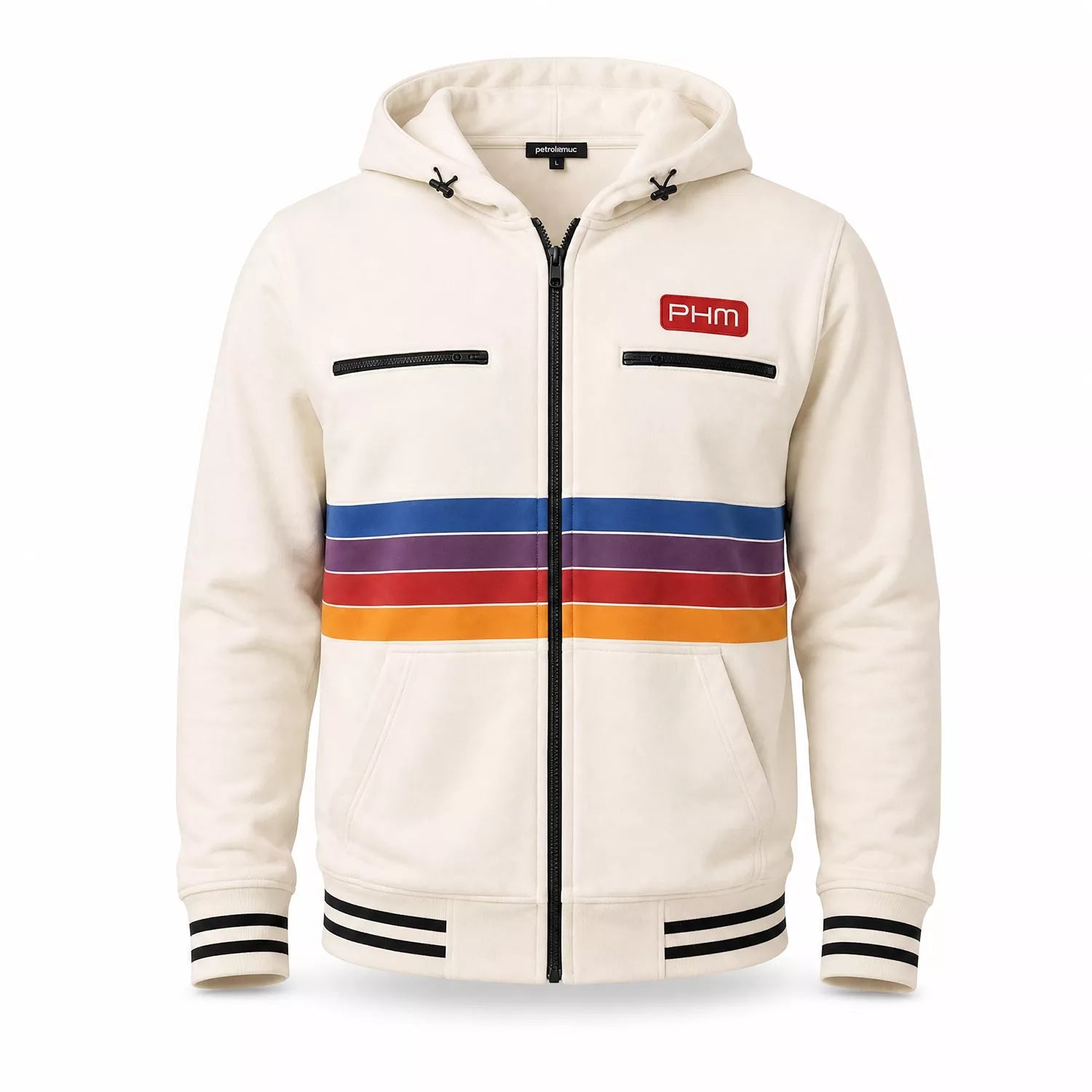 Men’s White Striped Zip Up Hoodie Jacket | Retro Color Block Casual Sweatshirt