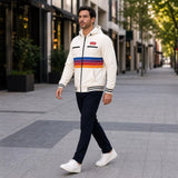 Men’s White Striped Zip Up Hoodie Jacket | Retro Color Block Casual Sweatshirt