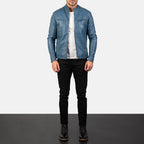 Men's Blue Leather Jacket – Premium Genuine Leather Cafe Racer Motorcycle Jacket|