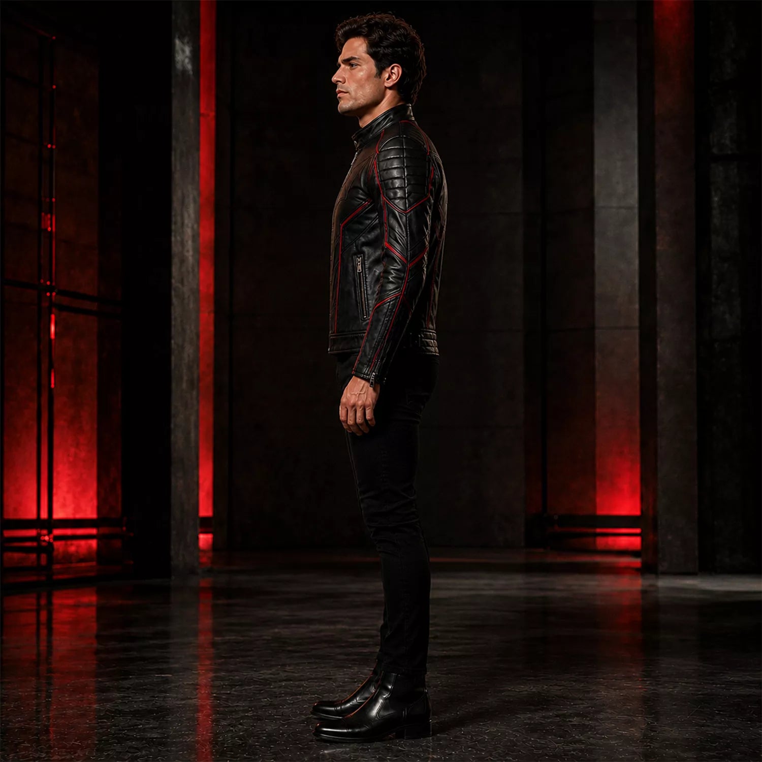 Men’s Black Bat Emblem Leather Biker Jacket | Red Trim Moto Jacket