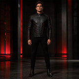 Men’s Black Bat Emblem Leather Biker Jacket | Red Trim Moto Jacket