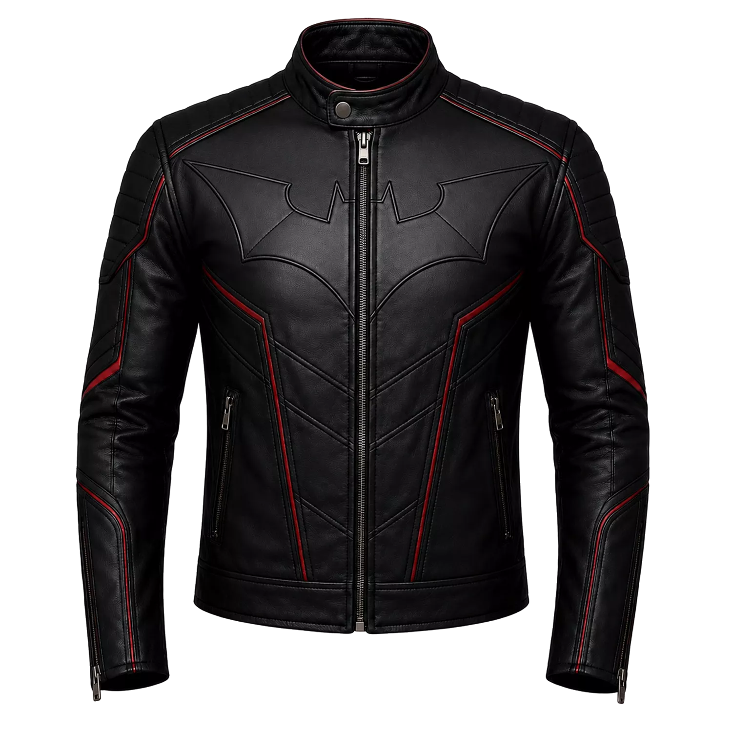 Men’s Black Bat Emblem Leather Biker Jacket | Red Trim Moto Jacket
