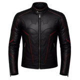 Men’s Black Bat Emblem Leather Biker Jacket | Red Trim Moto Jacket