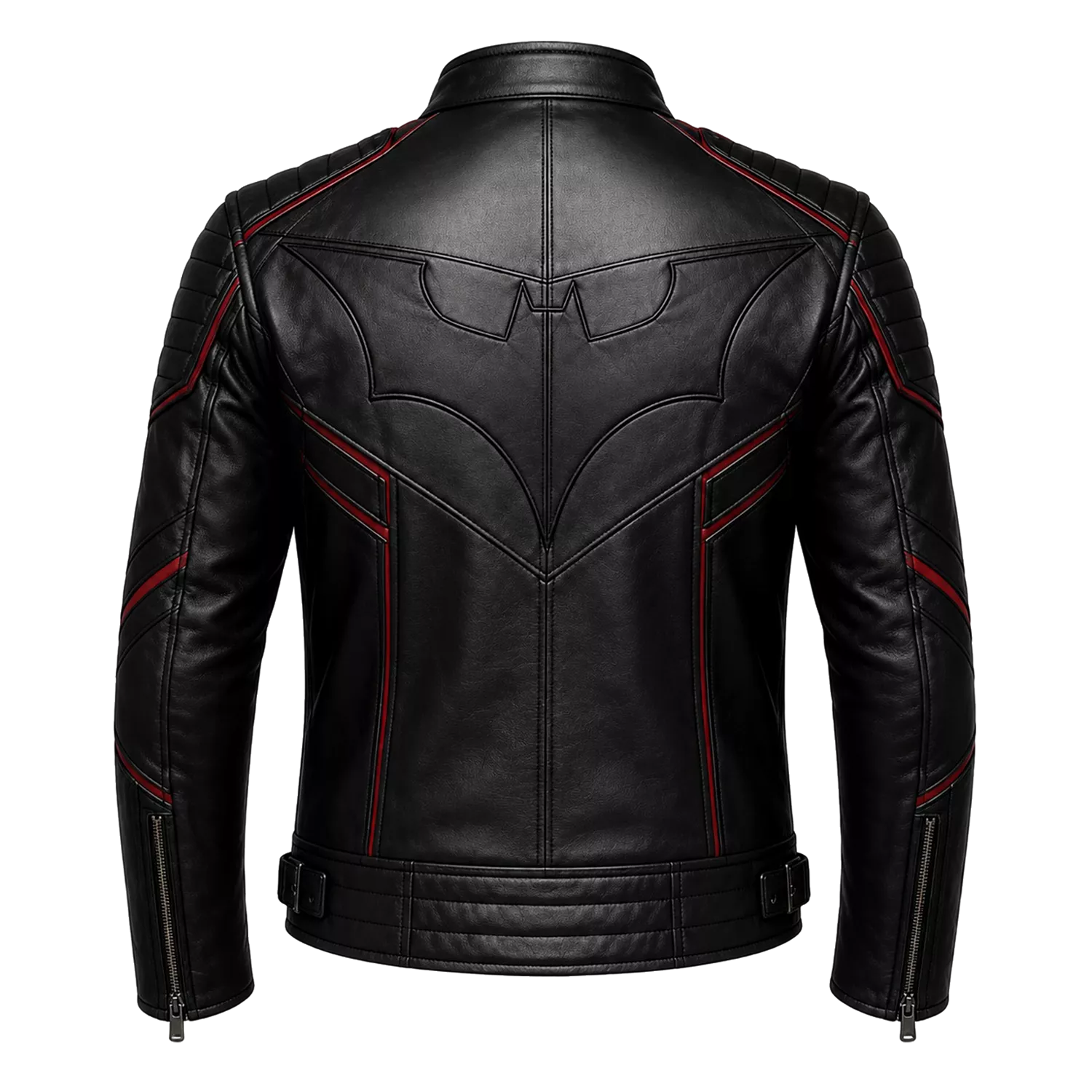 Men’s Black Bat Emblem Leather Biker Jacket | Red Trim Moto Jacket