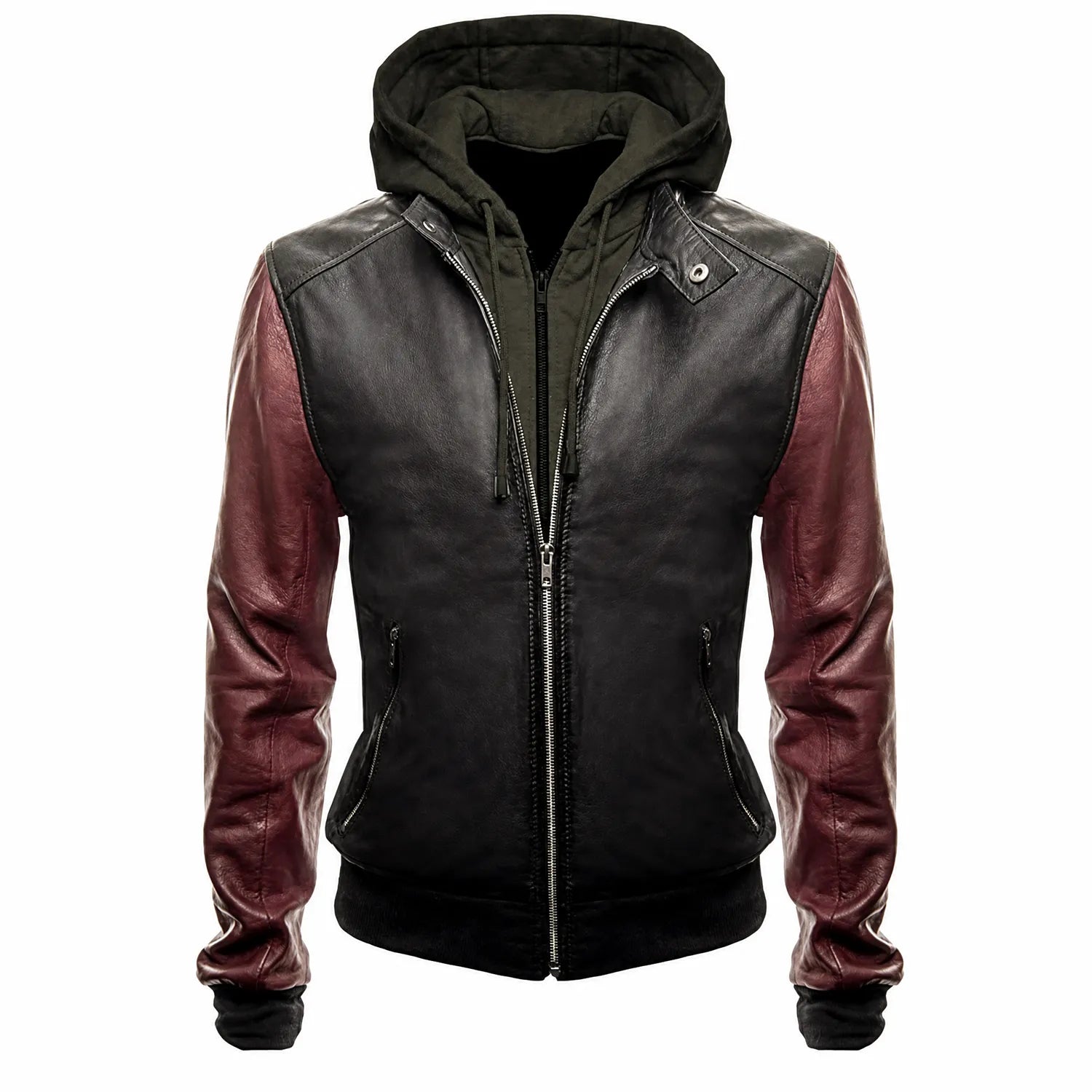 Men's Black Burgundy Hooded Leather Bomber Jacket | Two Tone Urban Streetwear Style