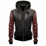 Men's Black Burgundy Hooded Leather Bomber Jacket | Two Tone Urban Streetwear Style