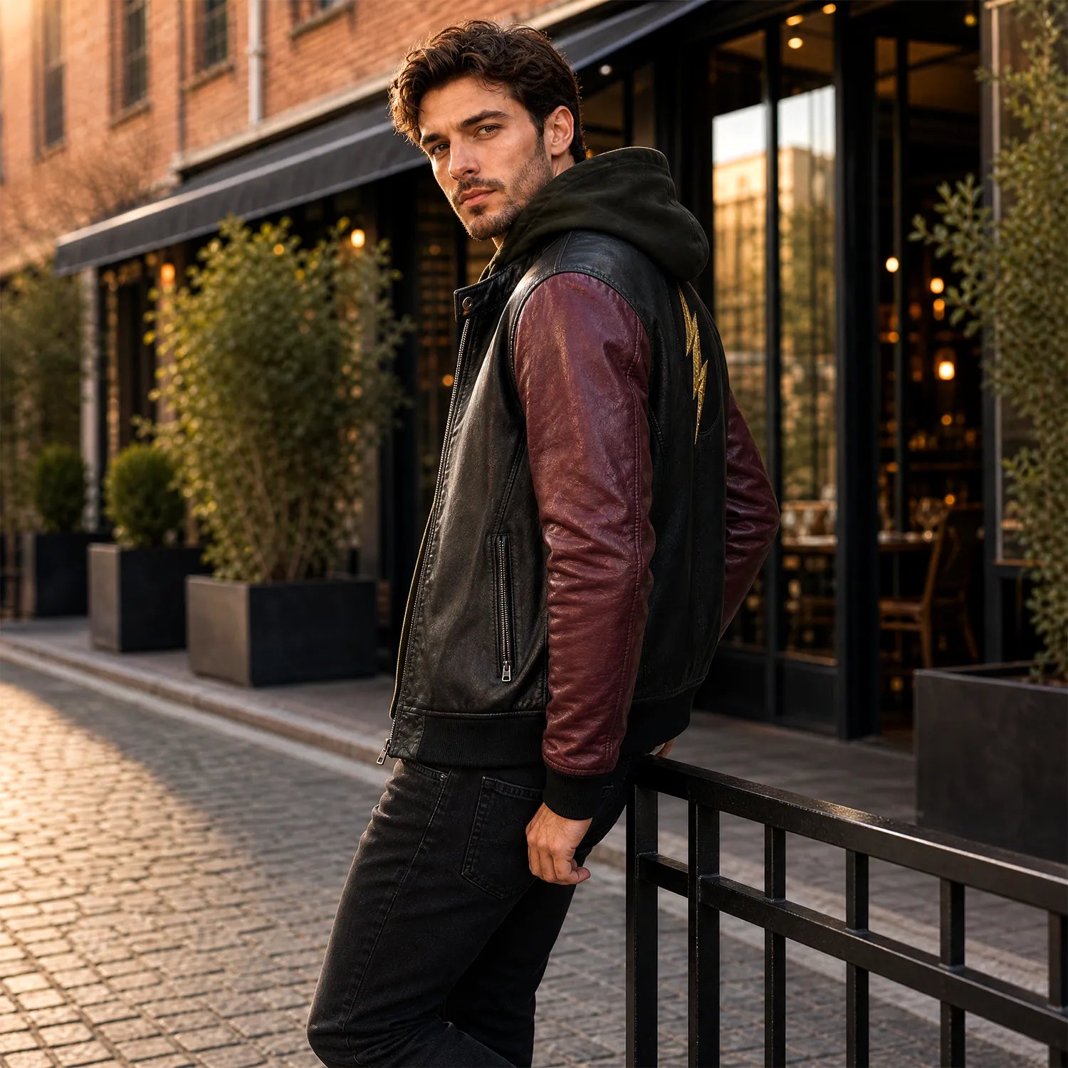 Men's Black Burgundy Hooded Leather Bomber Jacket | Two Tone Urban Streetwear Style