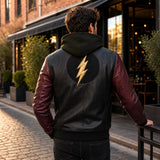 Men's Black Burgundy Hooded Leather Bomber Jacket | Two Tone Urban Streetwear Style