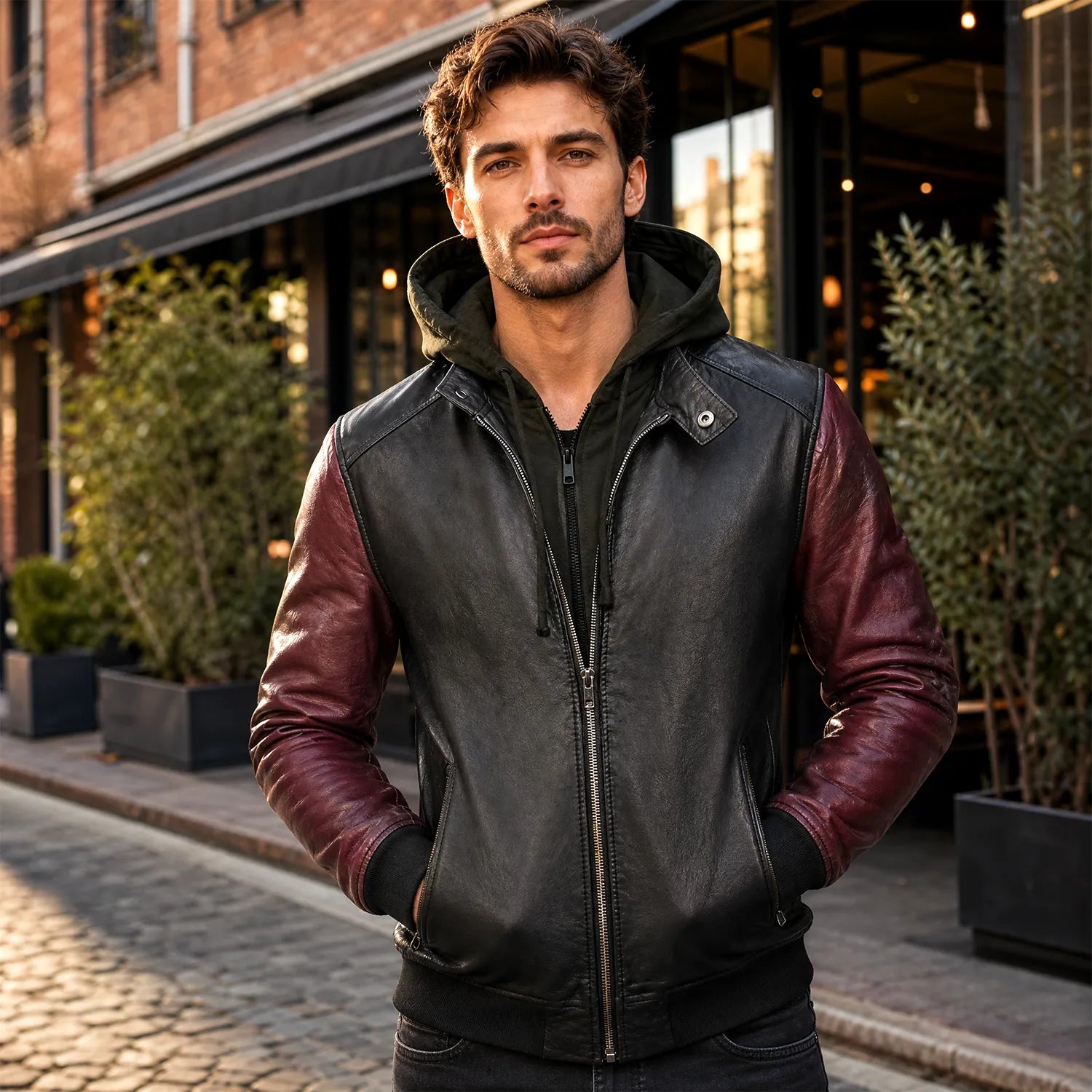 Men's Black Burgundy Hooded Leather Bomber Jacket | Two Tone Urban Streetwear Style