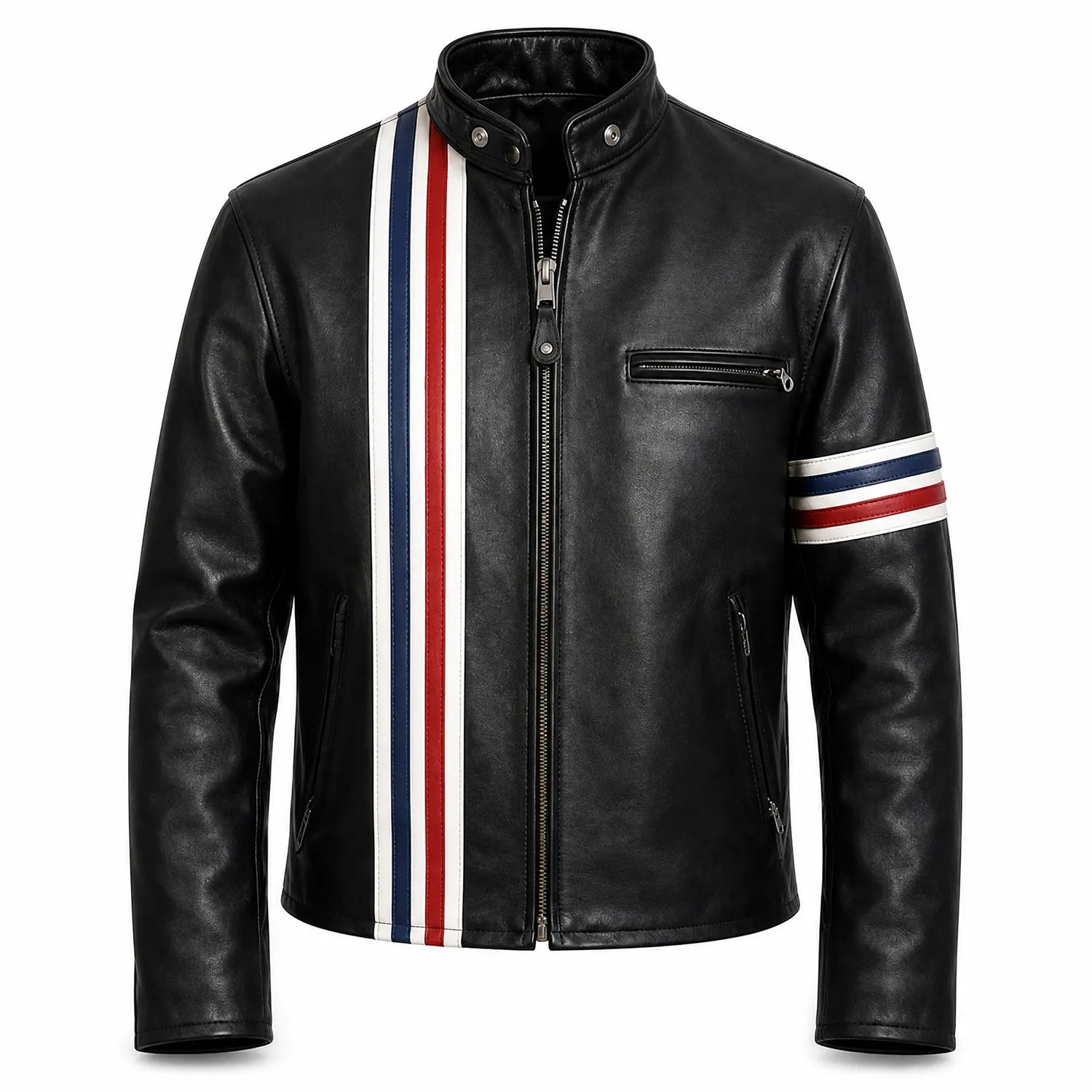 Men's Black Café Racer Leather Jacket | USA Flag Inspired Striped Motorcycle Jacket