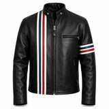 Men's Black Café Racer Leather Jacket | USA Flag Inspired Striped Motorcycle Jacket