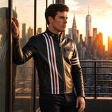 Men's Black Café Racer Leather Jacket | USA Flag Inspired Striped Motorcycle Jacket
