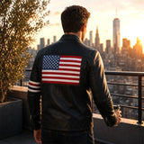 Men's Black Café Racer Leather Jacket | USA Flag Inspired Striped Motorcycle Jacket