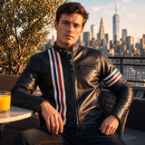 Men's Black Café Racer Leather Jacket | USA Flag Inspired Striped Motorcycle Jacket