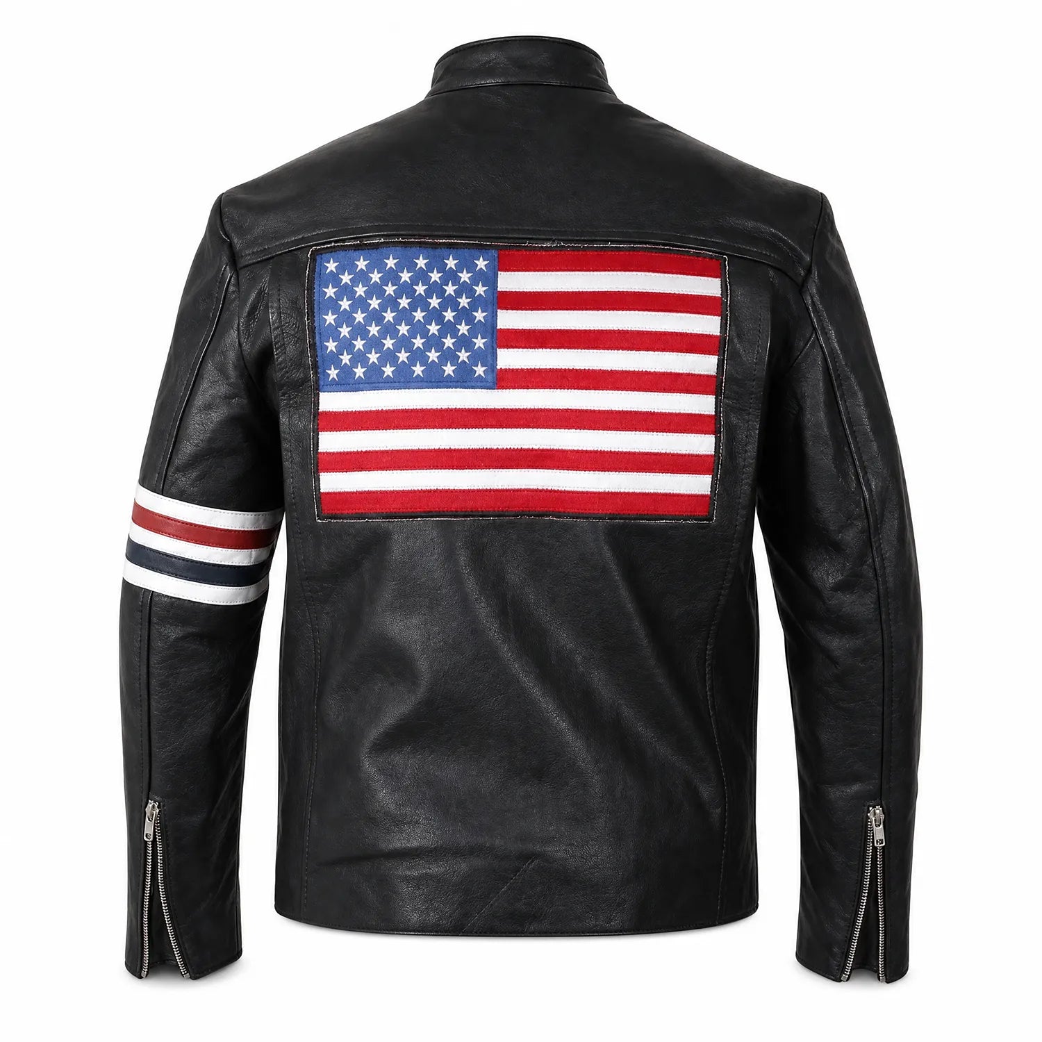 Men's Black Café Racer Leather Jacket | USA Flag Inspired Striped Motorcycle Jacket