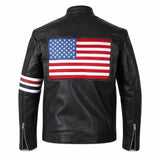 Men's Black Café Racer Leather Jacket | USA Flag Inspired Striped Motorcycle Jacket